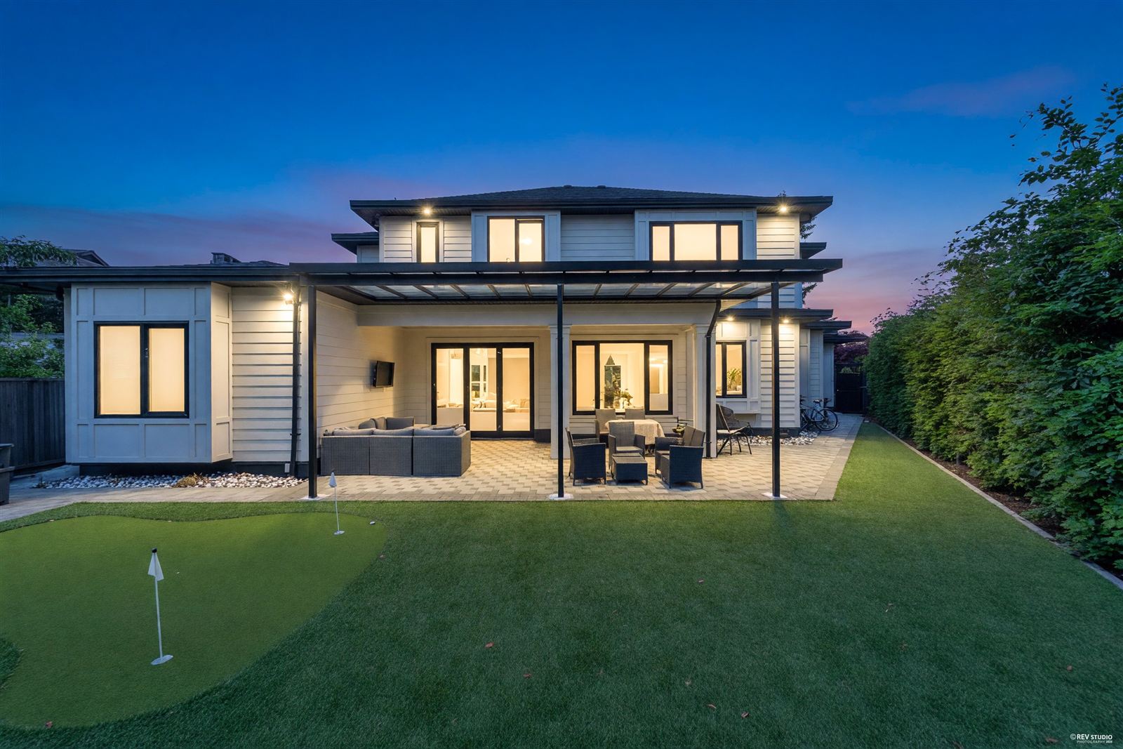 Estate home at twilight, South Surrey